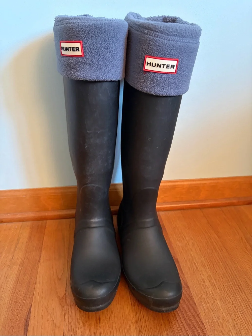 Hunter Black Rain Boots with Gray Fleece Liners
